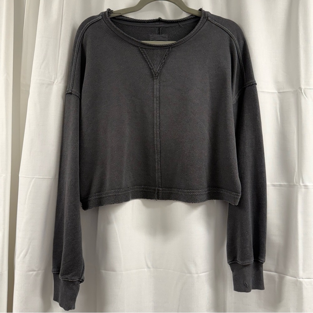 Aerie Cropped Waffle Knit Sweatshirt Charcoal Gray Size- S
